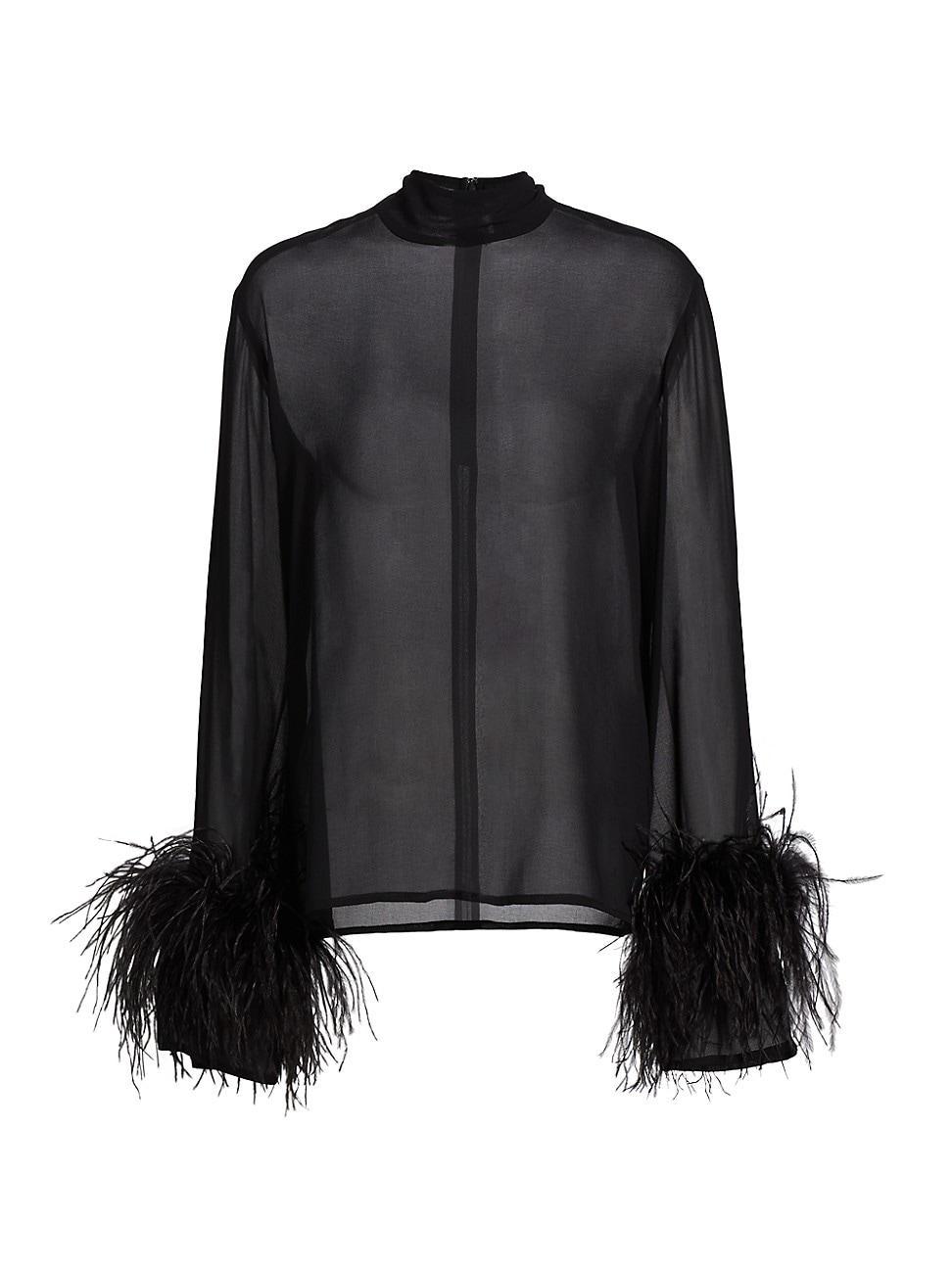 Womens Feather-Trimmed Sheer Georgette Blouse Product Image