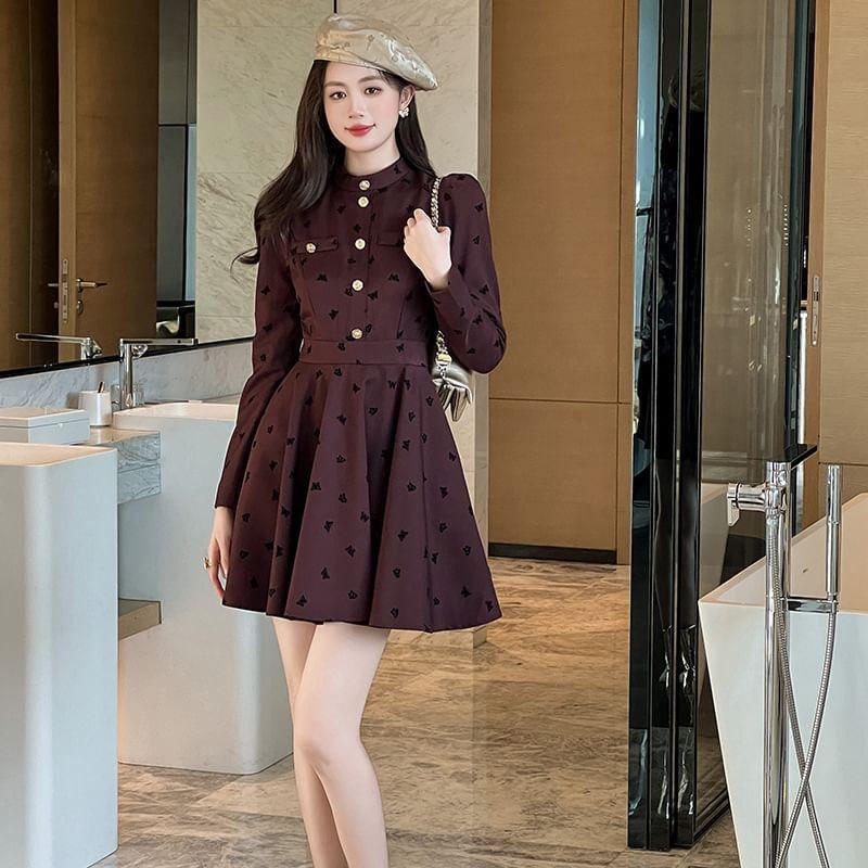 Long-Sleeve Band Collar Butterfly Print Button Mini A-Line Dress Product Image
