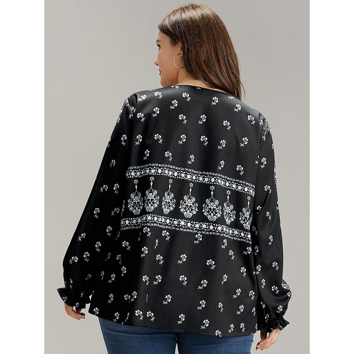 Plus Size Black Bandana Print Flutter Trim Blouse Women Resort Long Sleeve V-neck Vacation Blouses BloomChic 10/M Product Image