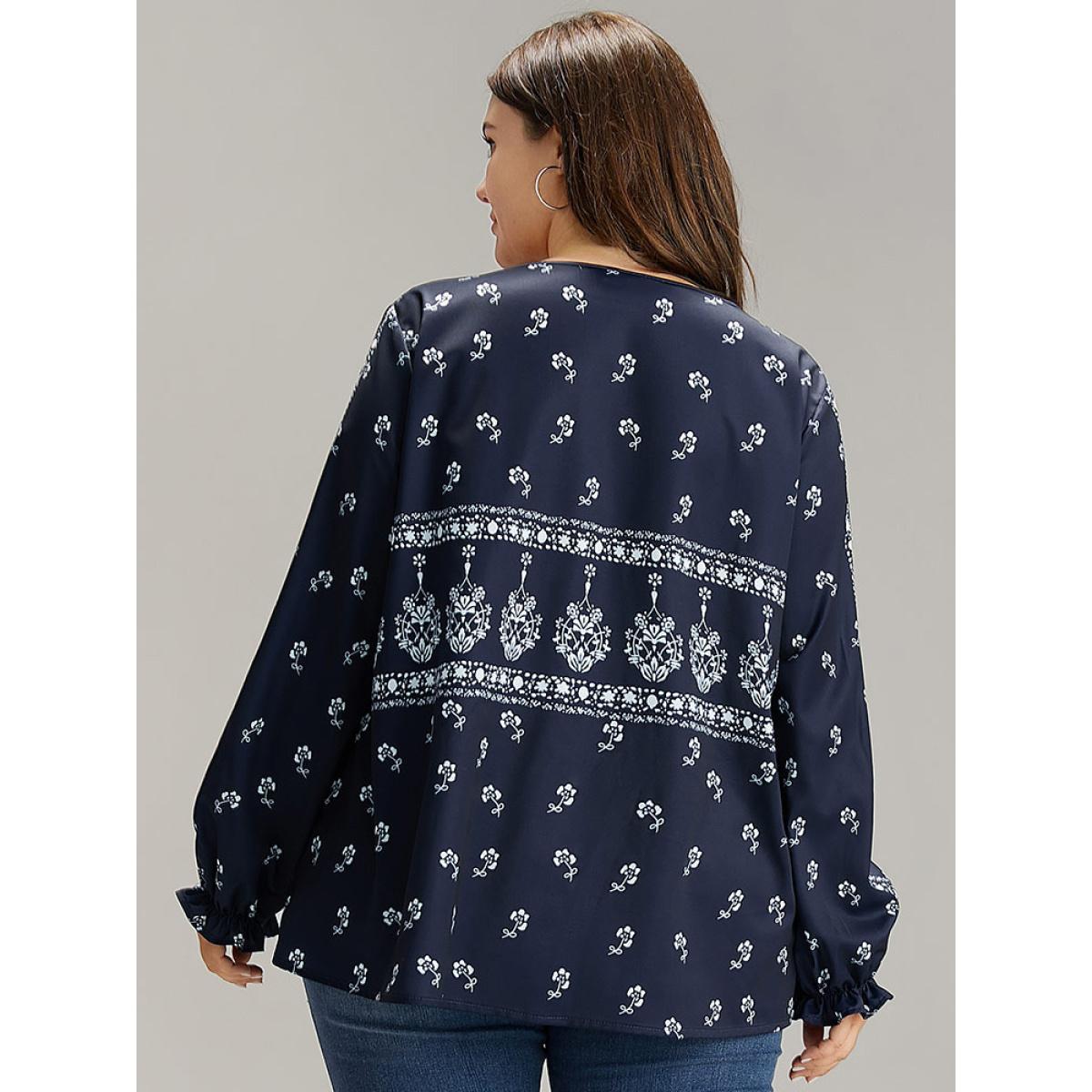Plus Size Indigo Bandana Print Flutter Trim Blouse Women Resort Long Sleeve V-neck Vacation Blouses BloomChic 10/M Product Image