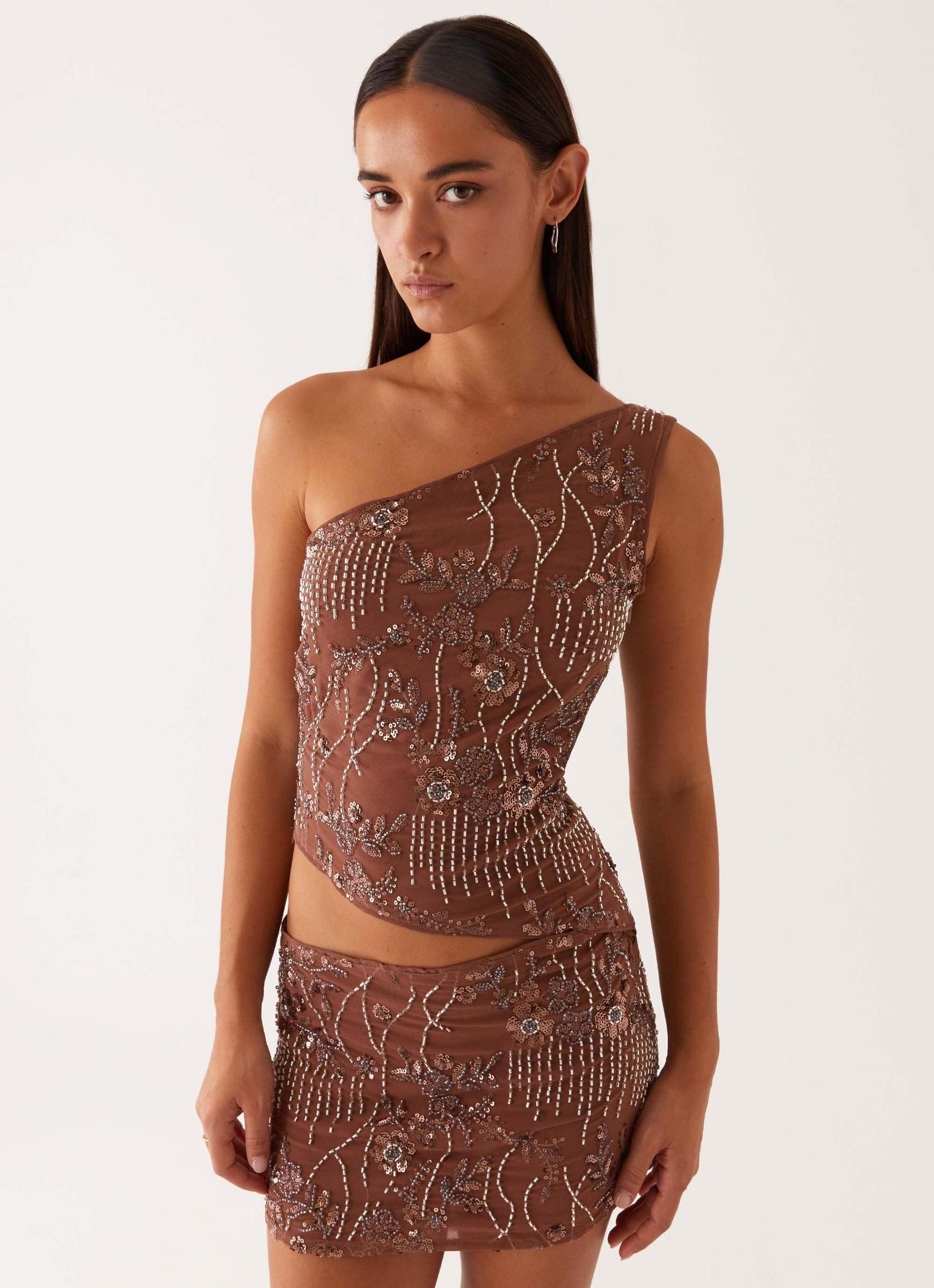 Through The Night One Shoulder Mini Dress - Chocolate Product Image