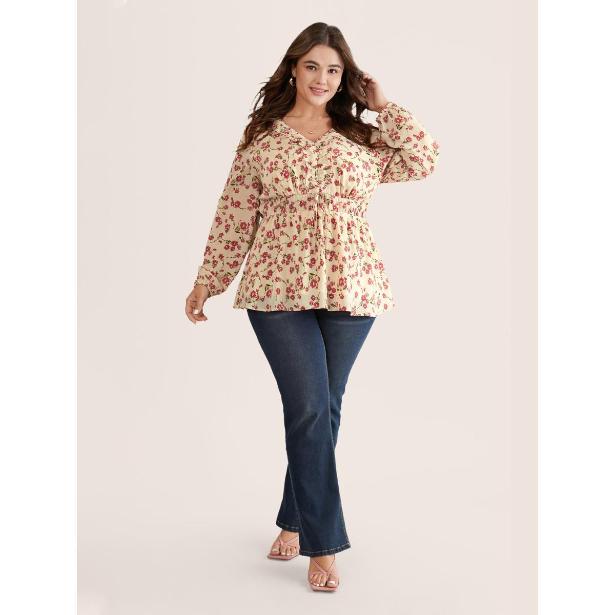 Plus Size Beige Ditsy Floral Elastic Waist Ties Ruffles Blouse Women Elegant Long Sleeve V-neck Work Blouses BloomChic 12/L Product Image