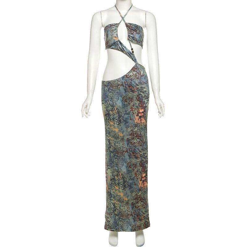 Halter Patterned Print Cutout Slit Maxi Sheath Dress Product Image