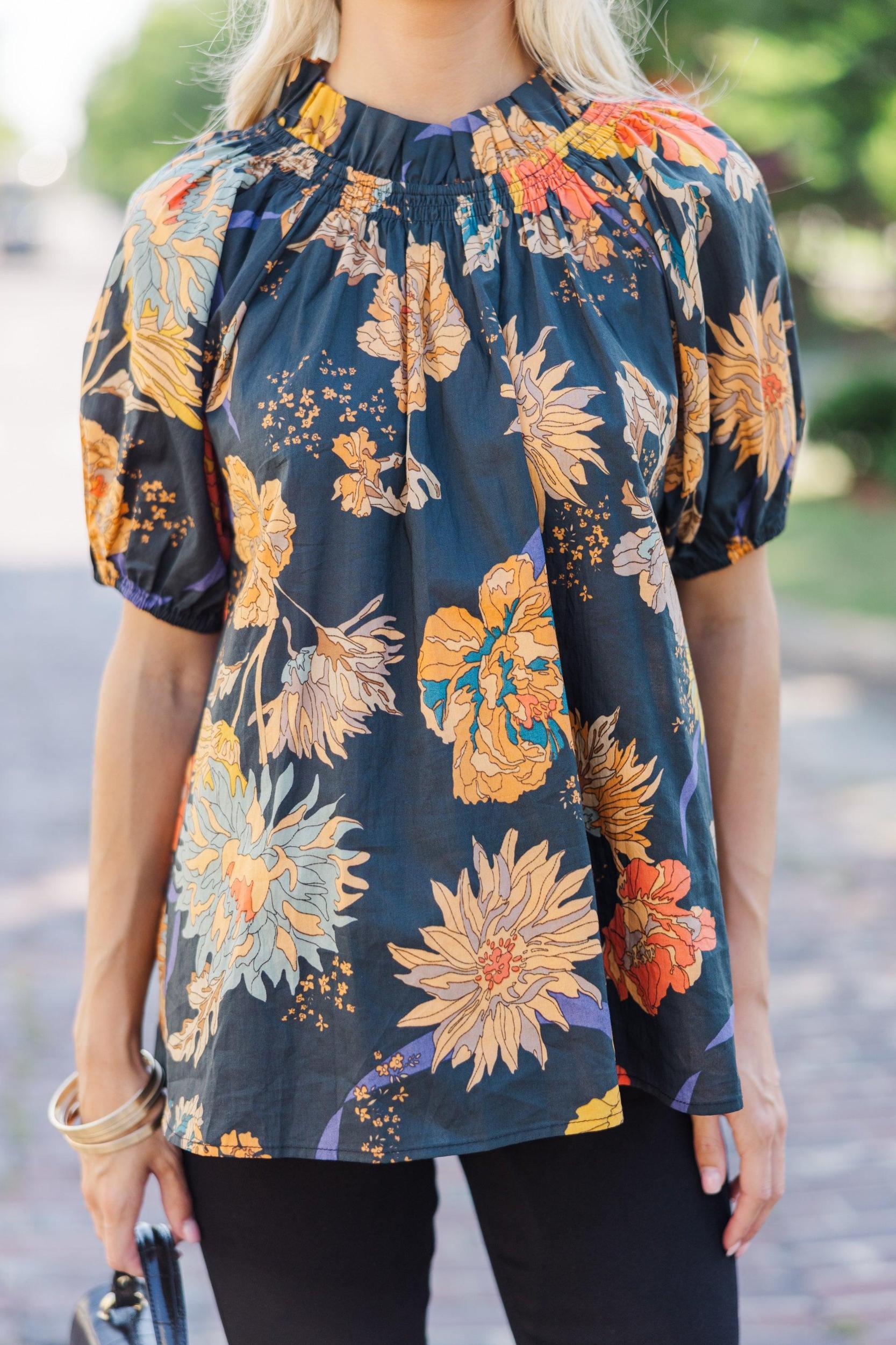 Feeling Fun Black Floral Bubble Sleeve Blouse Female Product Image