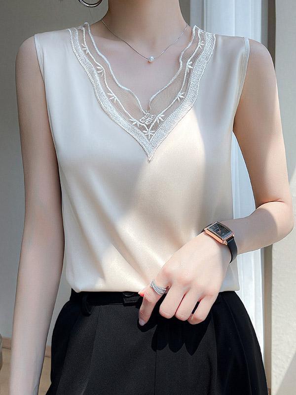 Loose Sleeveless Solid Color Split-Joint V-Neck Vest Top Product Image