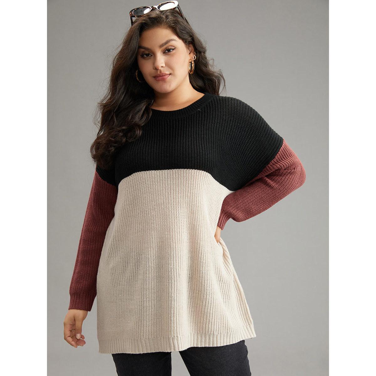 Plus Size Colorblock Contrast Crew Neck Pullover Multicolor Women Casual Loose Long Sleeve Round Neck Dailywear Pullovers BloomChic 28/5X Product Image