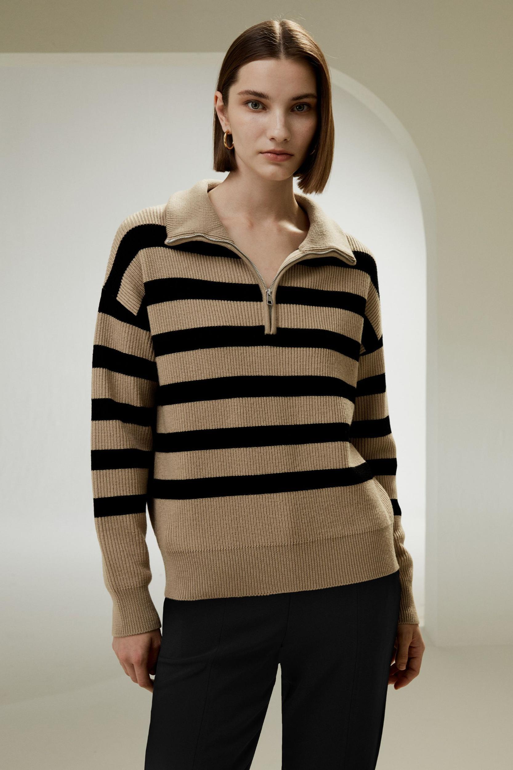 LILYSILK Wool Women's Sweaters Camel with Black Stripes Merino Wool Comfortable Dropped-Shoulder Sweater S Product Image