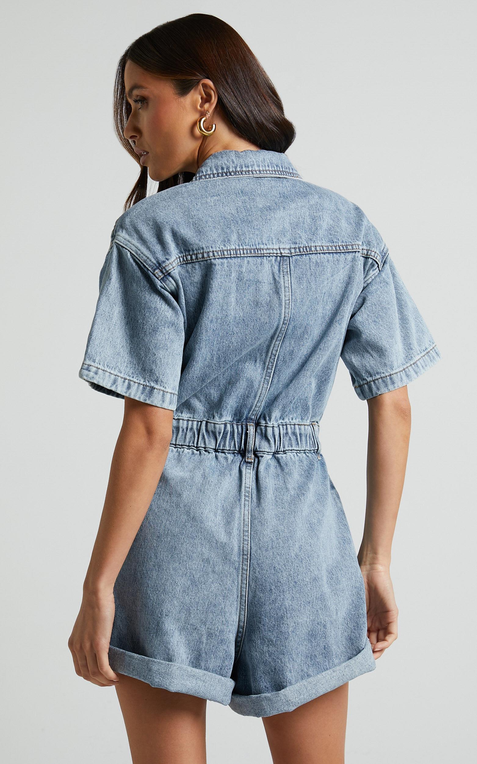 Leo Playsuit - Collared Short Sleeve Button Front Denim Playsuit in Mid Blue Acid Wash Product Image
