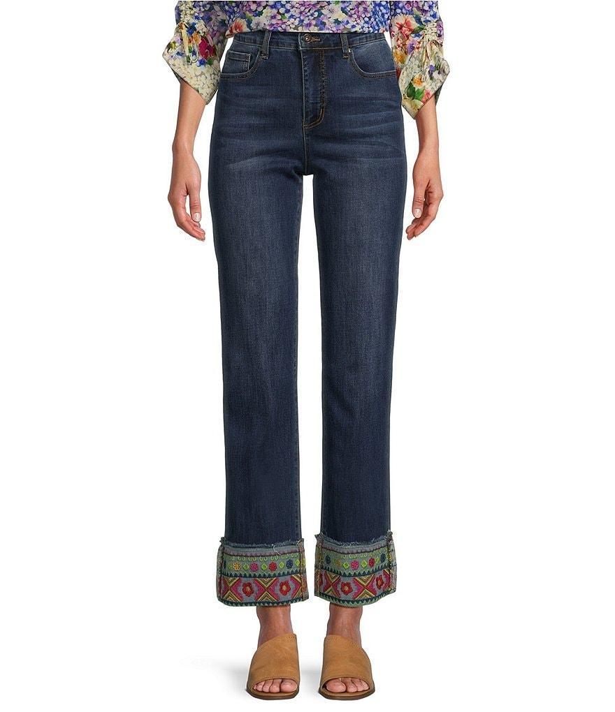 John Mark Embroidered Hem Straight Leg Cuffed Jeans Product Image