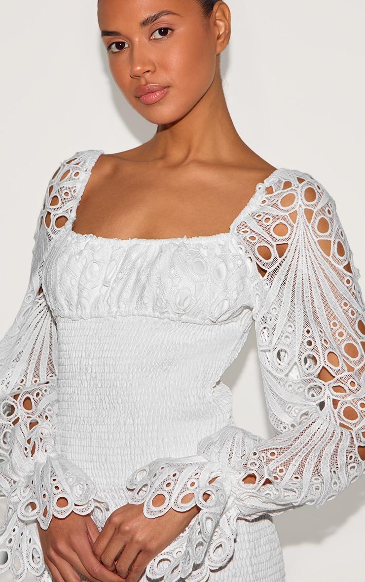 White Lace Sleeve Shirred Bodycon Dress Product Image