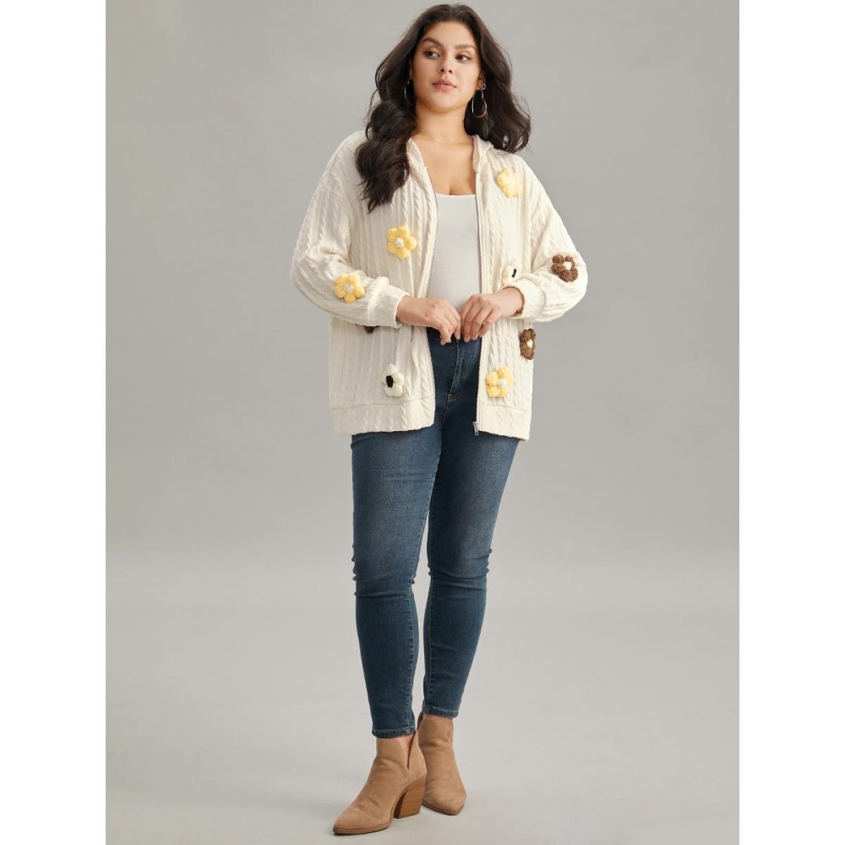 Plus Size Contrast Floral Detail Textured Zipper Fly Sweatshirt Women Apricot Elegant Texture Hooded Dailywear Sweatshirts BloomChic 14-16/1X Product Image