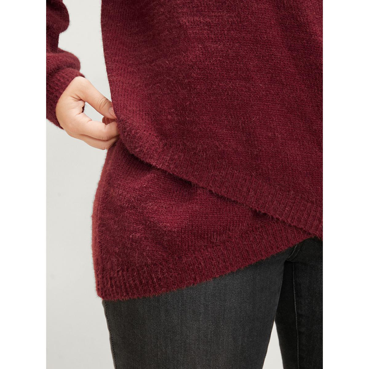 Plus Size Solid Soft Plush Knit Crossover Hem Knit Top Scarlet Women Elegant Loose Long Sleeve Overlap Collar Dailywear Pullovers BloomChic 26/4X Product Image