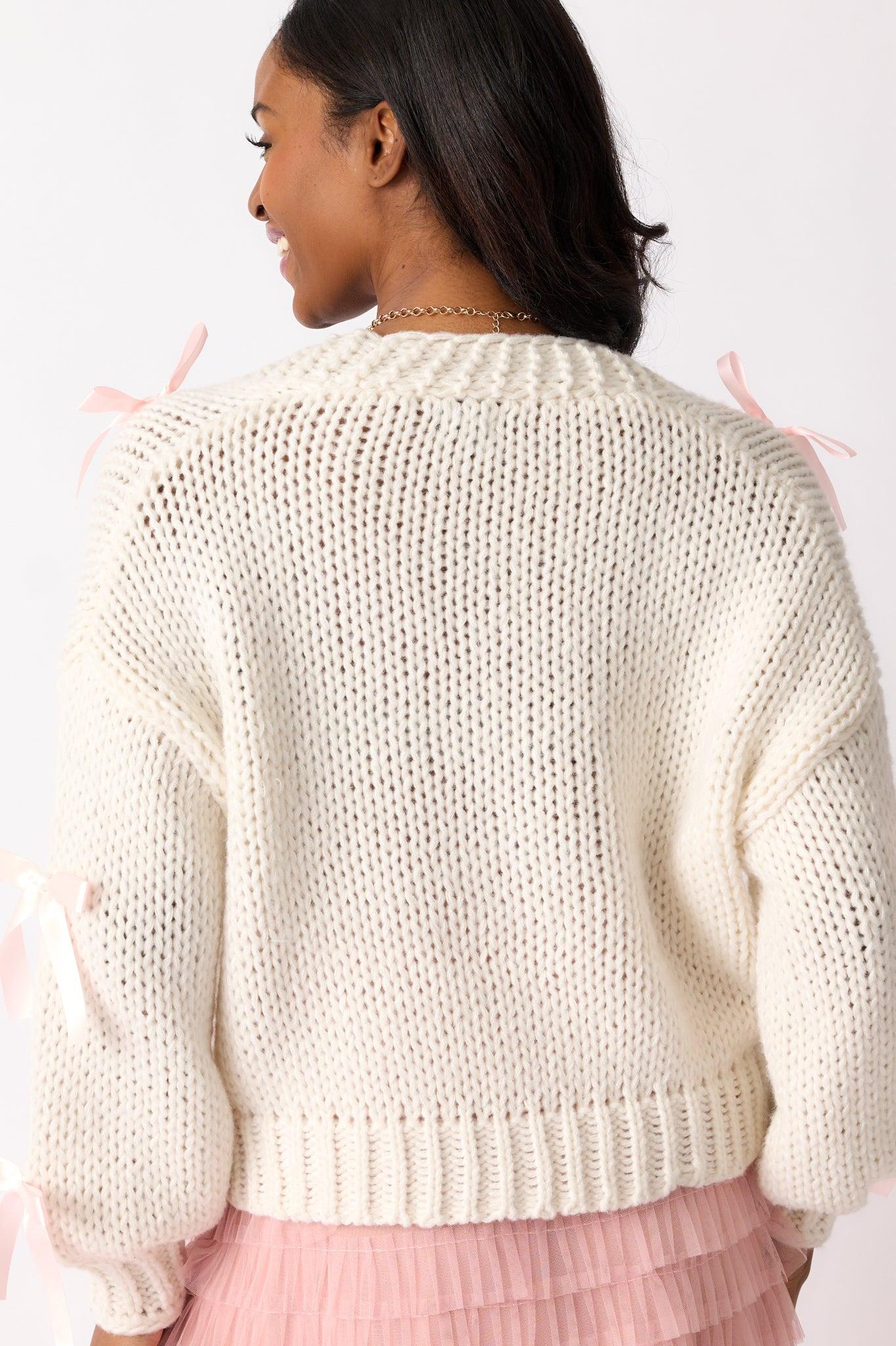 Coffee Run Ivory Knit Cropped Bow Cardigan Product Image
