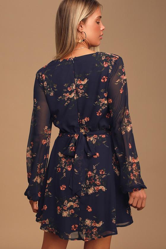 Always Yours Navy Blue Floral Print Long Sleeve Skater Dress Product Image