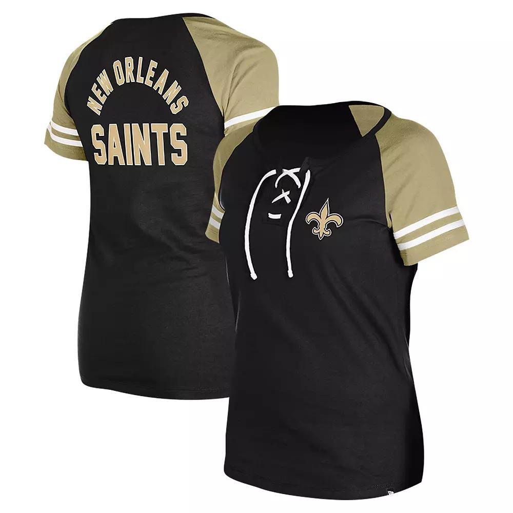Women's New Era Black New Orleans Saints  Lace-Up Raglan T-Shirt, Size: XS Product Image