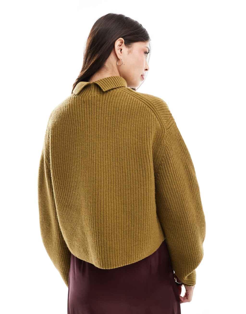 & Other Stories wool knit ribbed funnel neck sweater with split back neck and volume sleeves in olive green Product Image