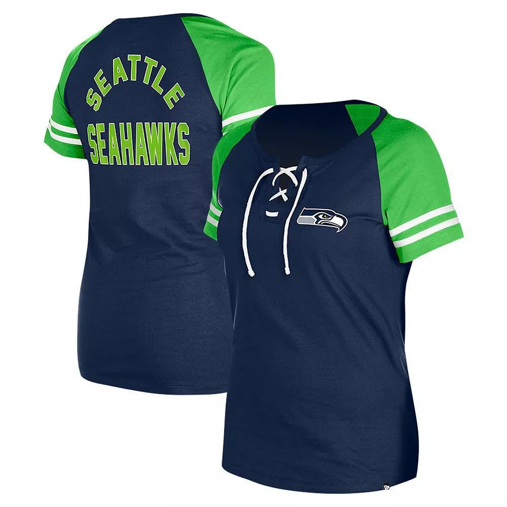 Women's New Era College Navy Seattle Seahawks  Lace-Up Raglan T-Shirt, Size: 2XL, Blue Product Image