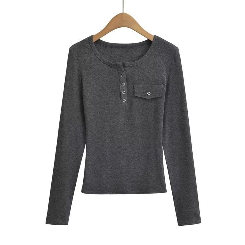 Long Sleeve Henley Plain Tee Product Image