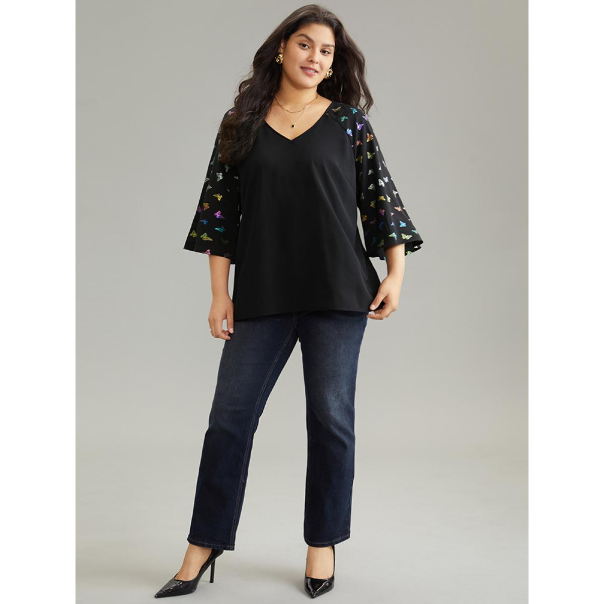 Plus Size Black Glitter Butterfly Flutter Raglan Sleeve Blouse Women Elegant Elbow-length sleeve V-neck Party Blouses BloomChic 30/6X Product Image