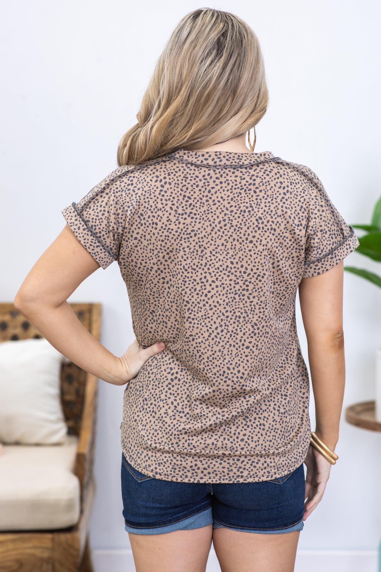 Tan Animal Print Short Sleeve Knit Top Product Image