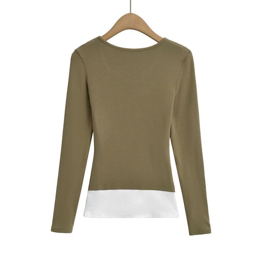 Mock Two-Piece Long-Sleeve Two-Tone Tee Product Image