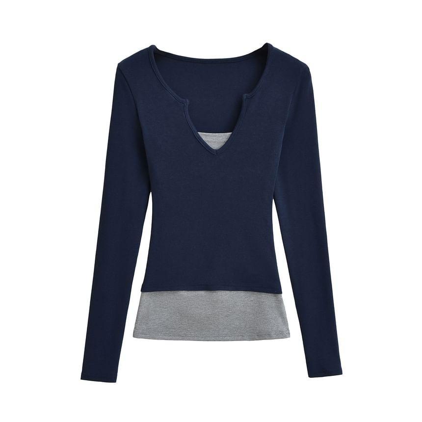 Mock Two-Piece Long-Sleeve Two-Tone Tee Product Image