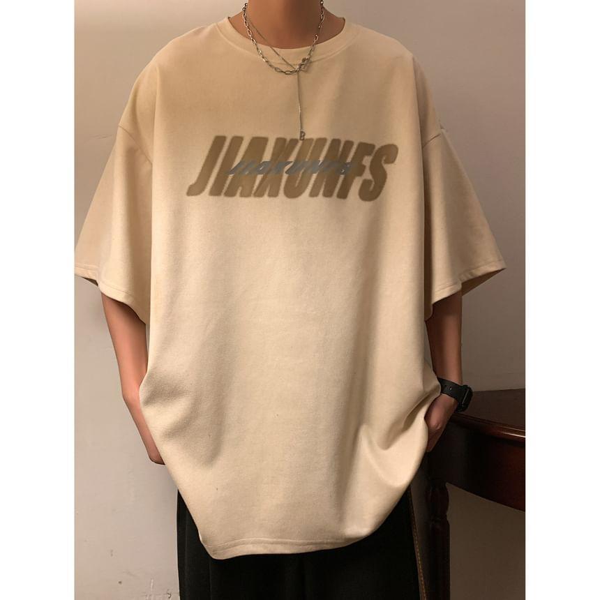 Short-Sleeve Crew Neck Lettering Print Faux Suede Tee Product Image