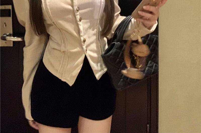 Puff-Sleeve High Neck Button-Up Velvet Blouse Product Image