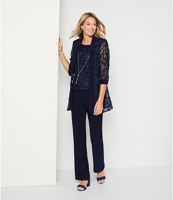 R & M Richards Embroidered Soutache Mesh Lace 3/4 Sleeve Scoop Neck 2-Piece Pant Set Product Image