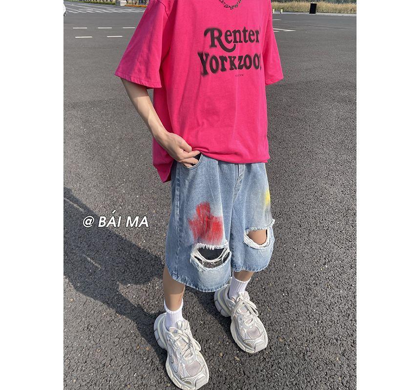 Mid Rise Printed Distressed Washed Denim Shorts Product Image