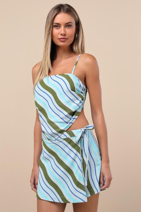 Zola Blue Striped Mid-Rise Faux Wrap Skort Product Image