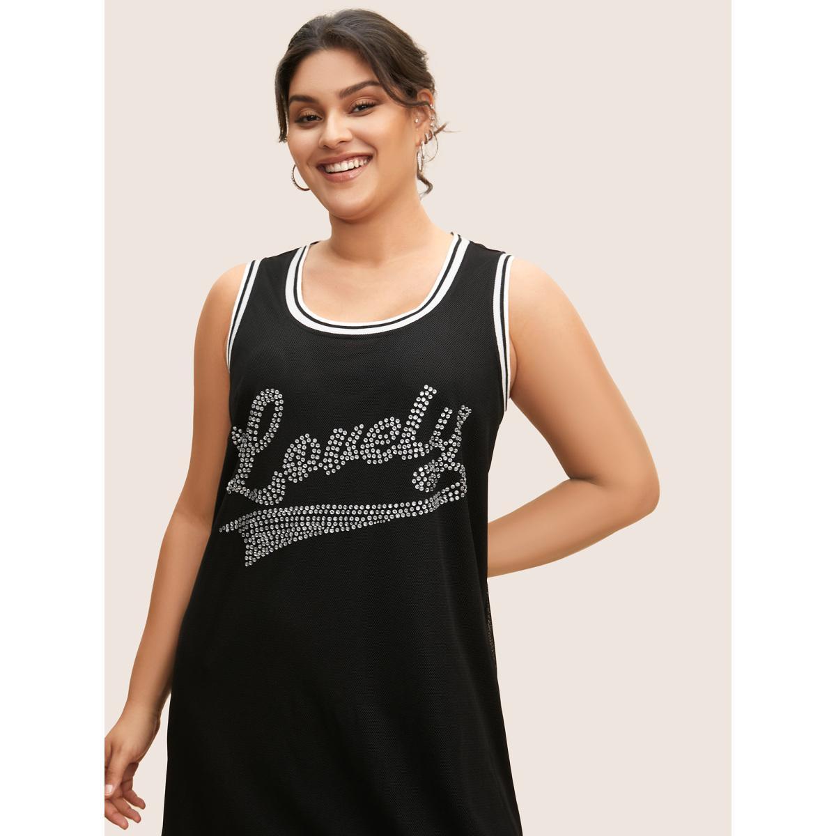Plus Size Letter Rhinestone Mesh Patchwork Sleeveless Dress Black Women Casual Rhinestone detailing Round Neck Sleeveless Curvy BloomChic 28/5X Product Image