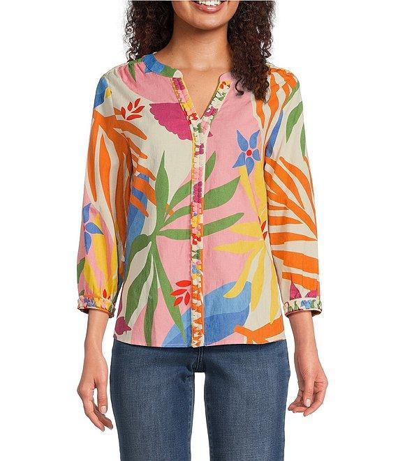 Tru Luxe Jeans Floral Textured Cotton Split V-Neck 3/4 Sleeve Blouse Product Image