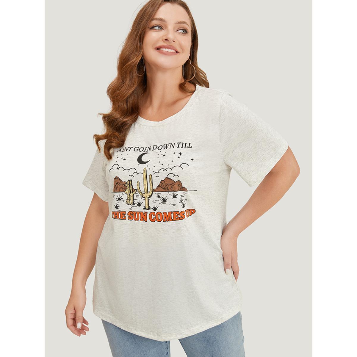 Plus Size Cactus & Letter Print Short Sleeve Graphic Tee LightGray Women Casual Western Dailywear T-shirts BloomChic 18-20/2X Product Image