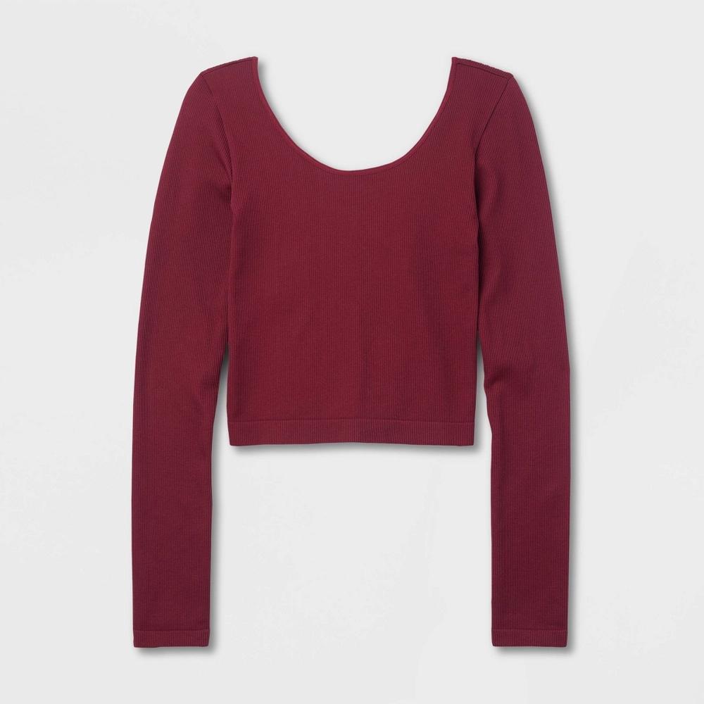 Women's Long Sleeve Seamless Double Scoop Neck Top - Wild Fable™ Deep Red XL: Recycled Nylon, Spandex, Lightweight Pullover Product Image