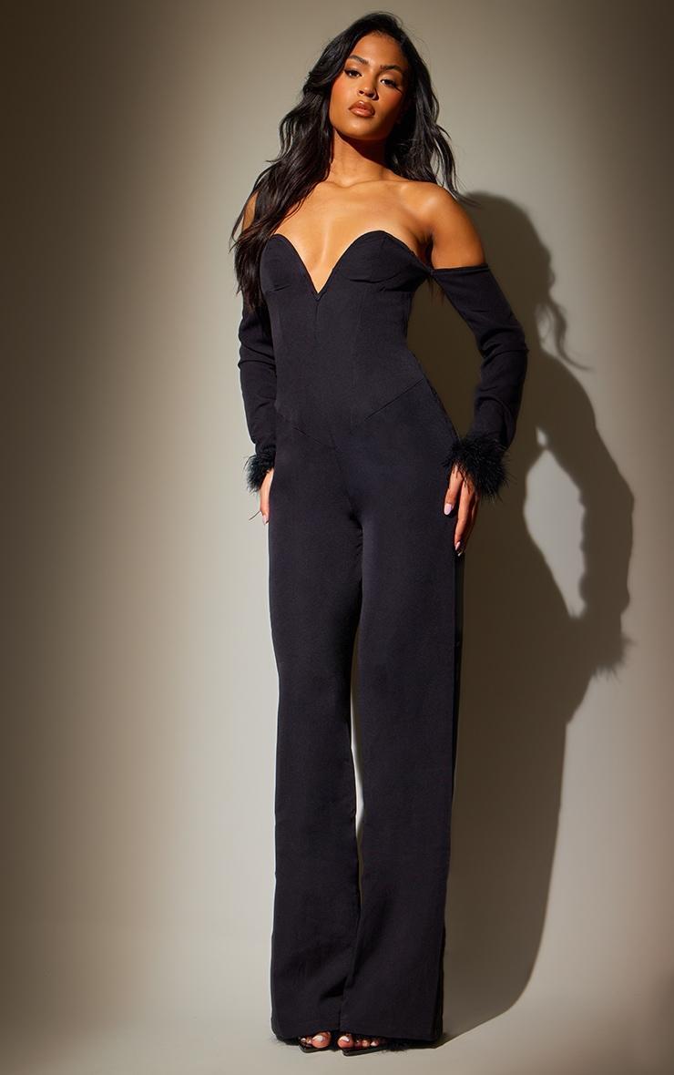 Tall Black Faux Feather Cuff Jumpsuit Product Image