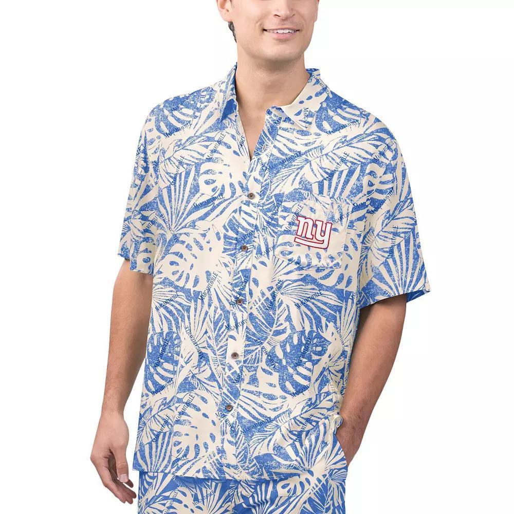 Men's Margaritaville Tan New York Giants Sand Washed Monstera Print Party Button-Up Shirt, Size: Medium, Team Product Image