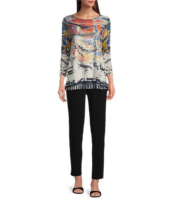 Ali Miles Burnout Knit Abstract Print Round Neck 3/4 Sleeve Tunic Product Image
