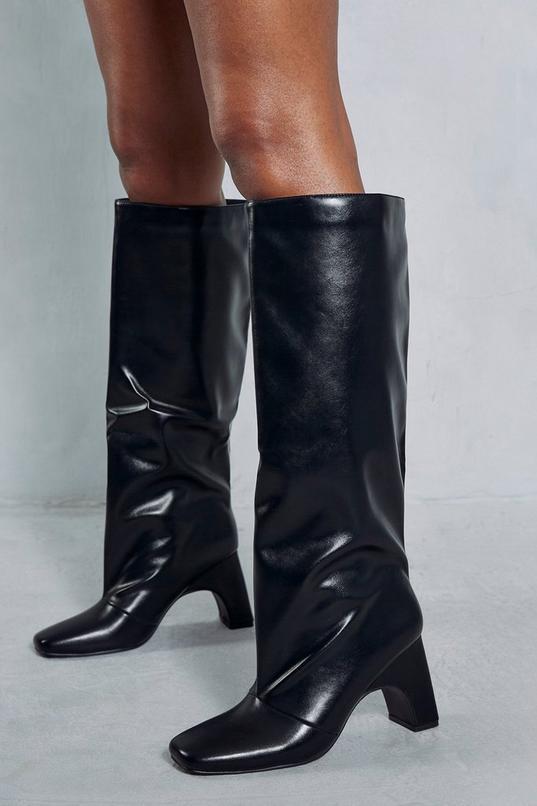 Leather Look Knee High Curved Heel Boots Product Image