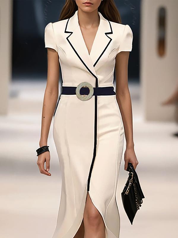 Bodycon High-Low Belted Pleated Solid Color Notched Collar Maxi Dresses Product Image