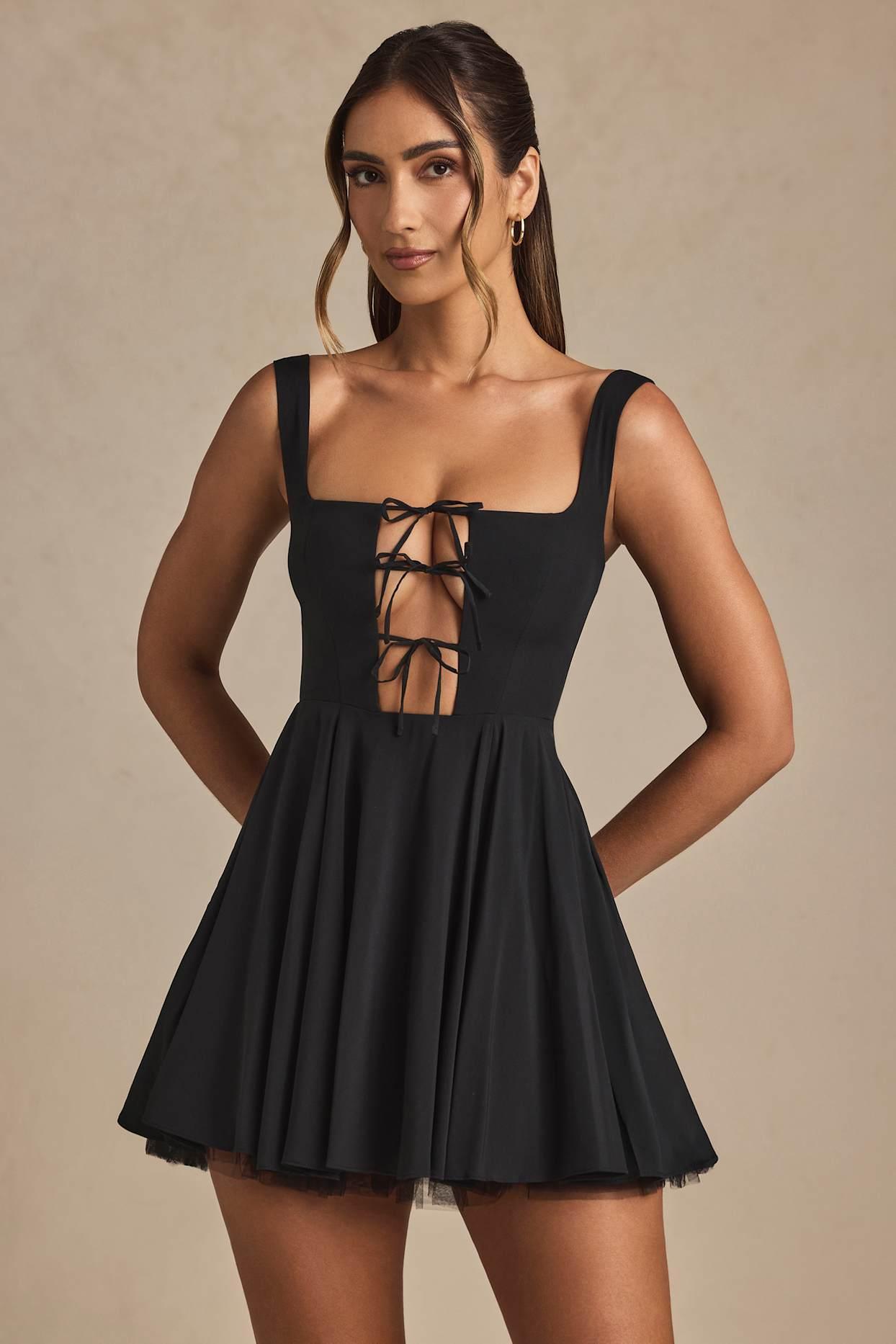 Tie-Detail A-Line Micro Mini Dress in Black Product Image