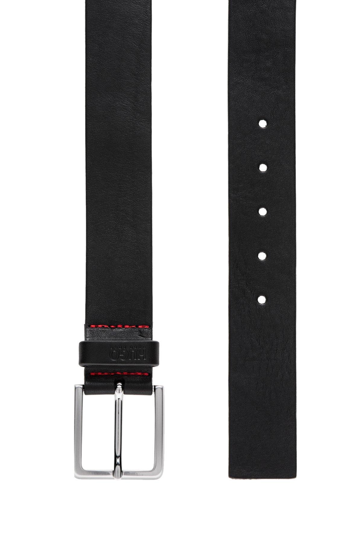 HUGO - Grainy embossed-leather belt with brushed metal hardware - Black Product Image