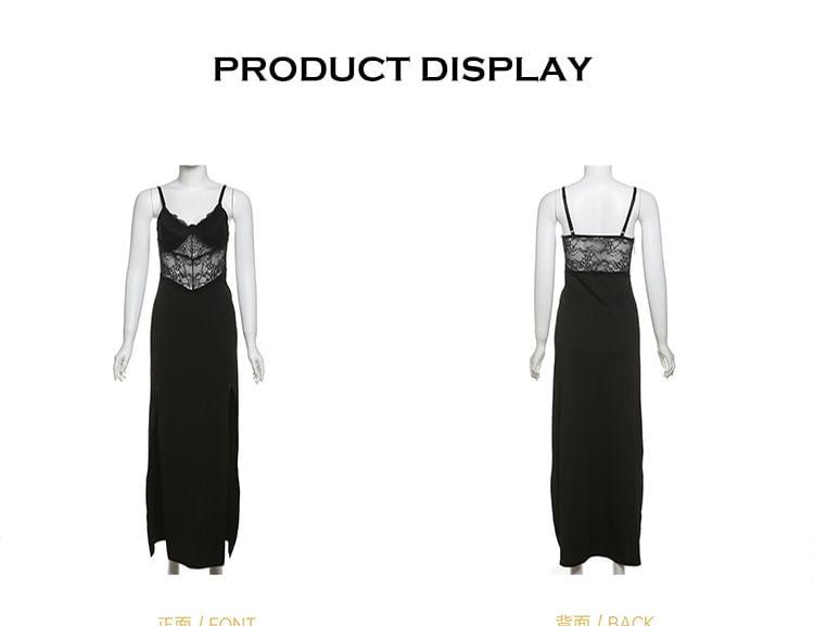 Spaghetti Strap Plain Slit Panel Lace Maxi Sheath Dress Product Image