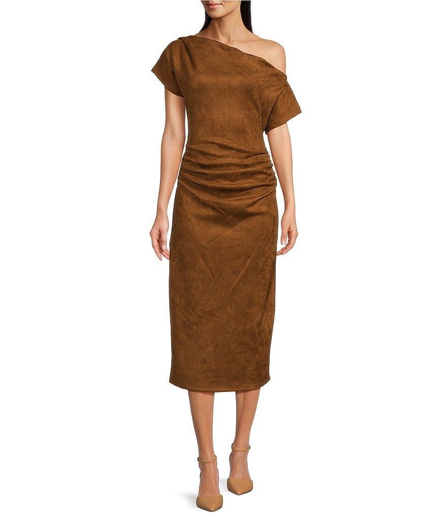 Gibson & Latimer Faux Suede Asymmetric One Shoulder Off-the-Shoulder Ruched Sheath Midi Suede Dress Product Image
