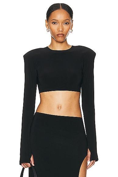 Norma Kamali Cropped Shoulder Pad Long Sleeve Crew Top Product Image