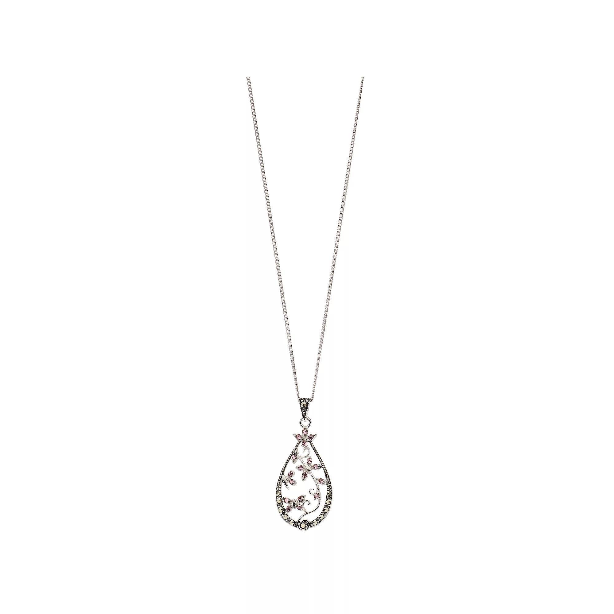 Tori Hill Sterling Silver Marcasite & Pink Crystal Flower Pendant Necklace, Women's, Size: 18" Product Image