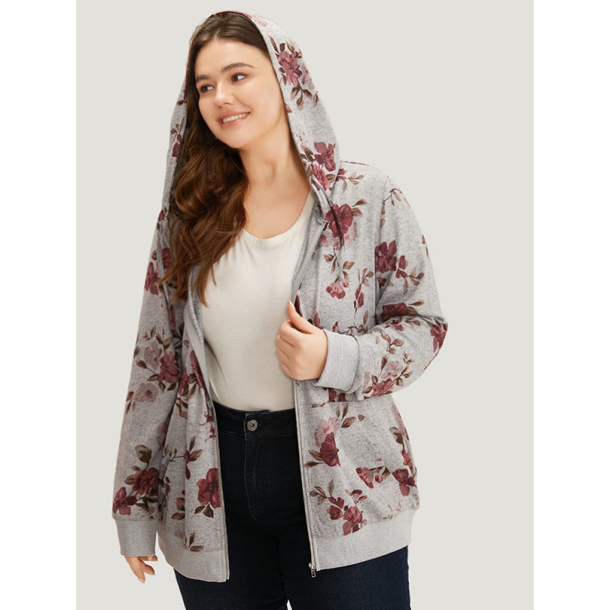 Plus Size Floral Print Pocket Drawstring Hooded Sweatshirt Women Gray Casual Printed Hooded Dailywear Sweatshirts BloomChic 28/5X Product Image