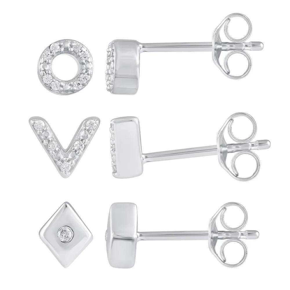 Royal Aura Sterling Silver 1/10 Carat T.W. Diamond Circle, Chevron & Rhombus Stud Earrings, Women's Product Image