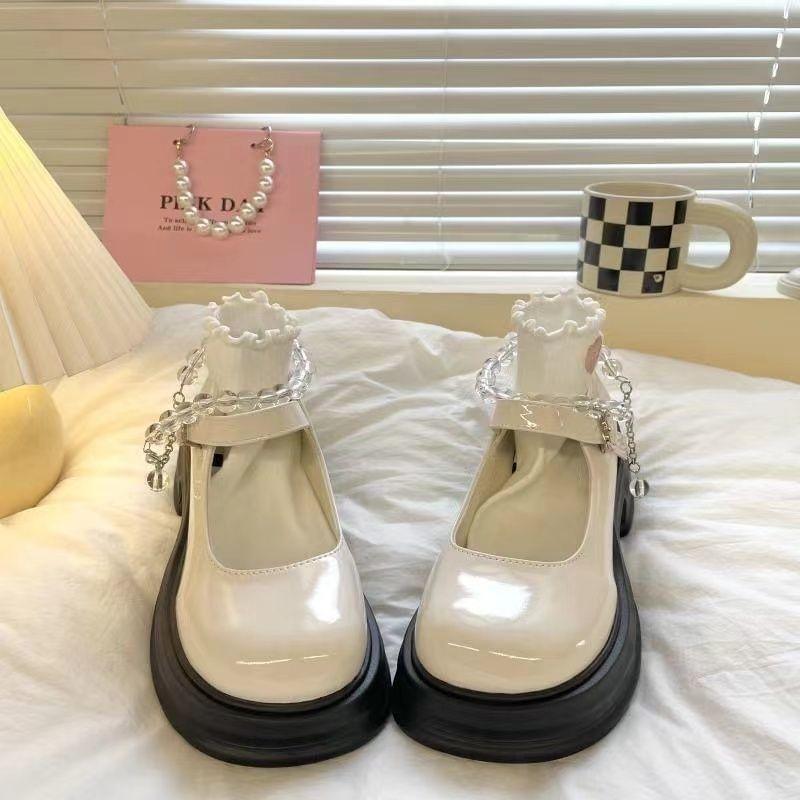 Heart Buckled Beaded Platform Chunky Heel Mary Jane Pumps Product Image