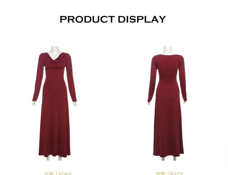 Long-Sleeve Cowl Neck Plain Maxi A-Line Dress Product Image